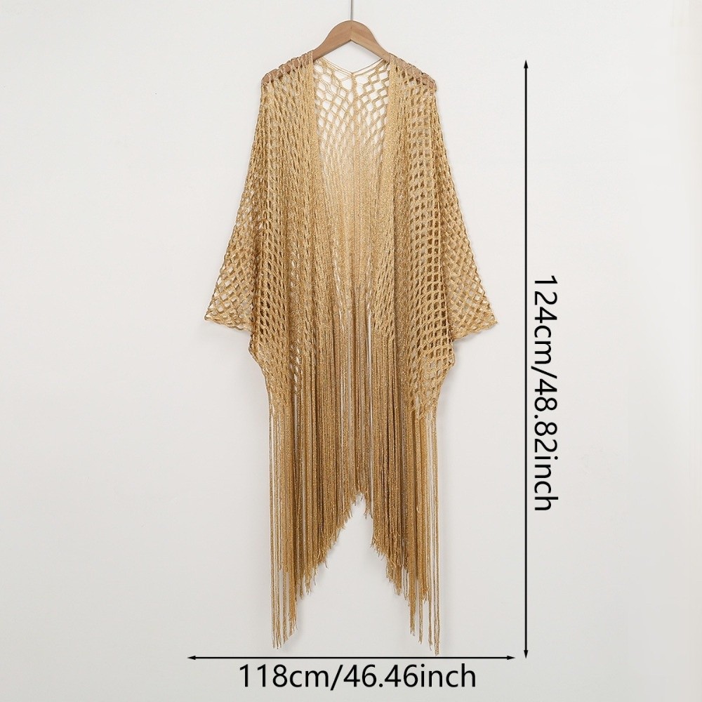 Châle en tulle pour femme, style mode, à franges et patchwork, ajouré et brillant, col en V, idéal pour soirée, bal de promo, comme cape ou écharpe d'été pour fête