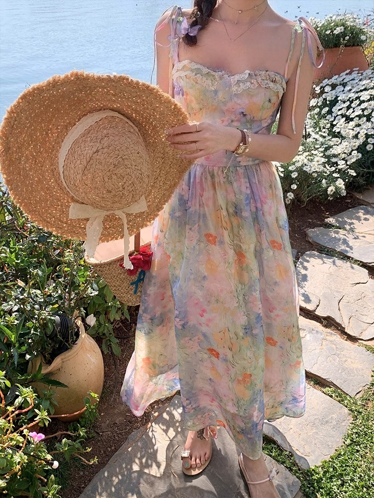 Français élégant robe à bretelles florales femmes doux Style de plage mode coréenne vêtements soirée Vintage robe mi-longue soirée