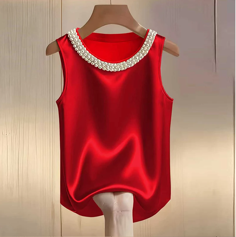 Chemise élégante en satin pour femme, chemisier en soie à motif perlé pour l'été, t-shirts amples pour femme, débardeurs tendance pour femme, tee-shirt élégant pour femme