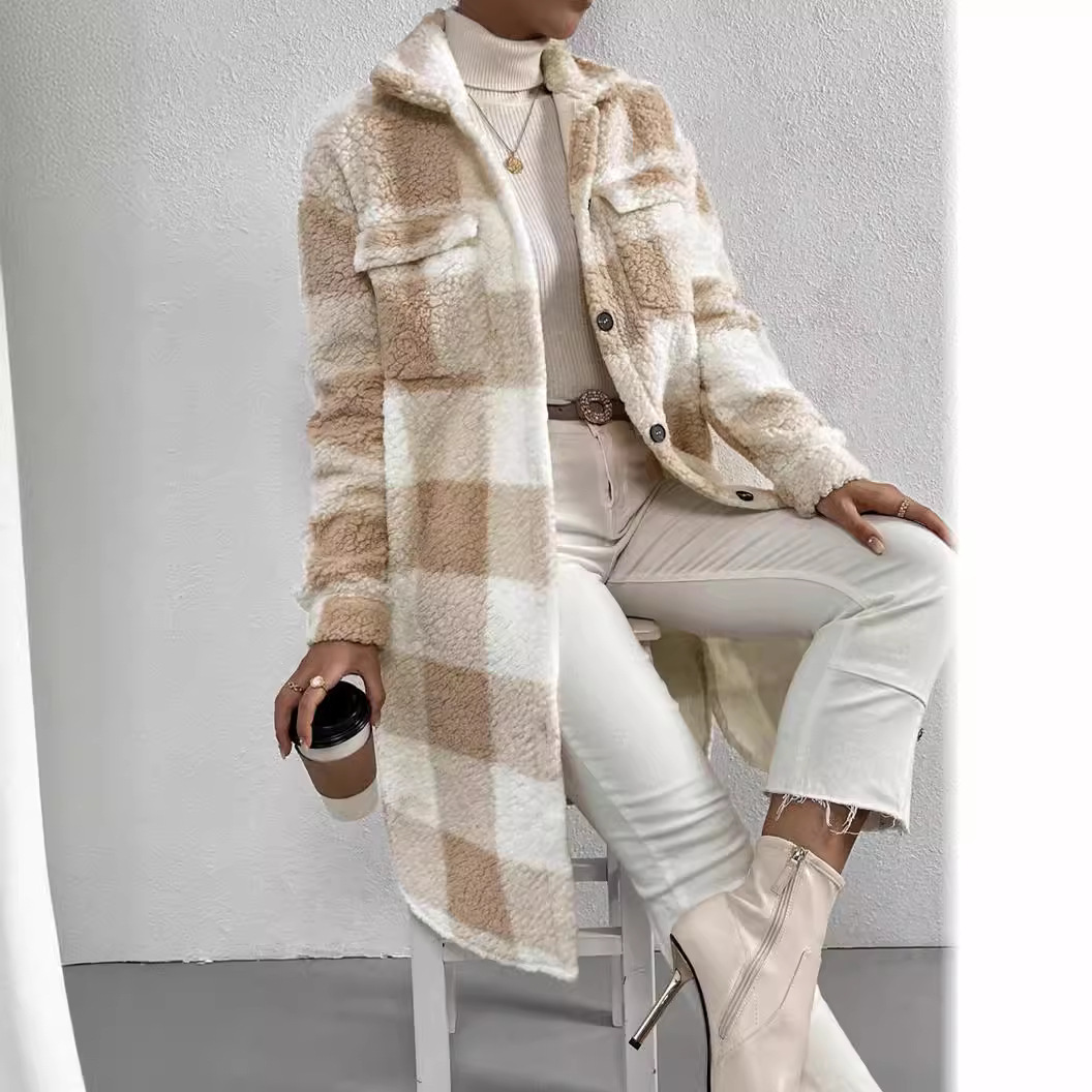 Sweat-shirt Long en molleton à carreaux pour femmes, manteau automne-hiver, col rabattu, manches longues, poches, boutons, ample, flurry, Trench-Coat x-long