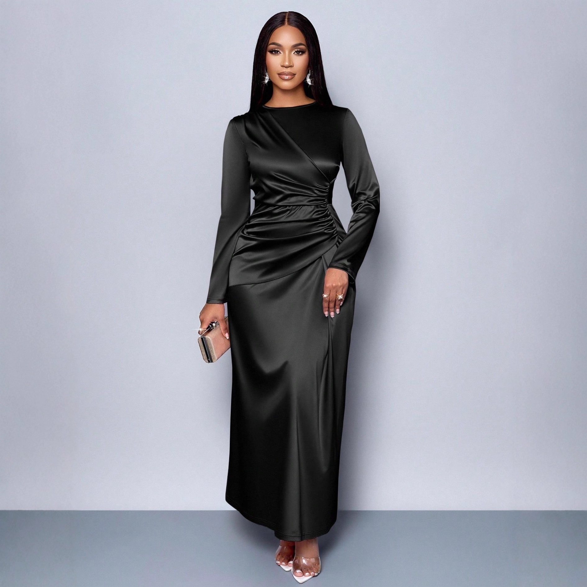 Robe longue pour femme, style Y2K streetwear, col rond, manches longues, taille ajustée, élégante et sexy, pour soirée, fête ou travail 2026