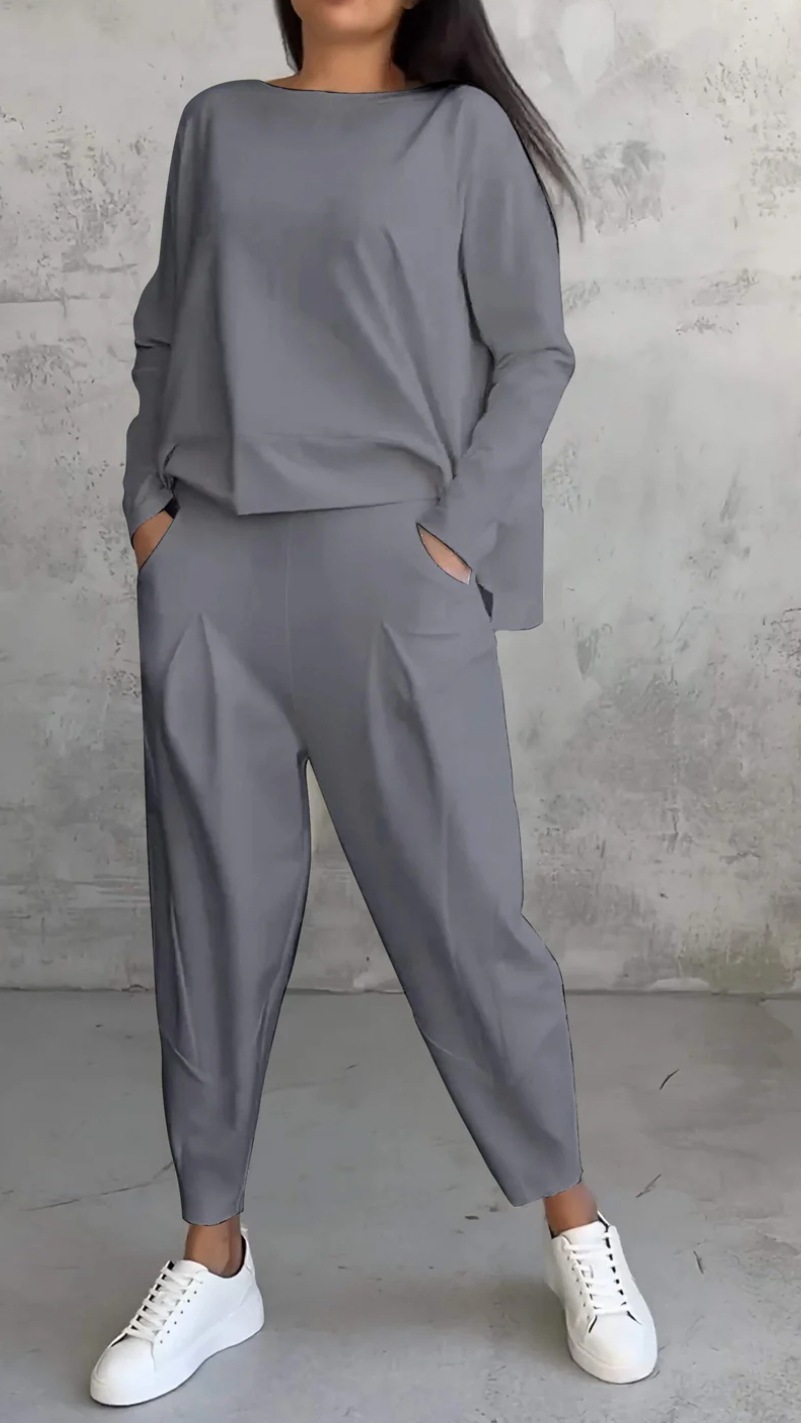 Ensemble de survêtement pour femme, 2 pièces, col rond, manches longues, t-shirt ample, pantalon uni avec poches, style décontracté