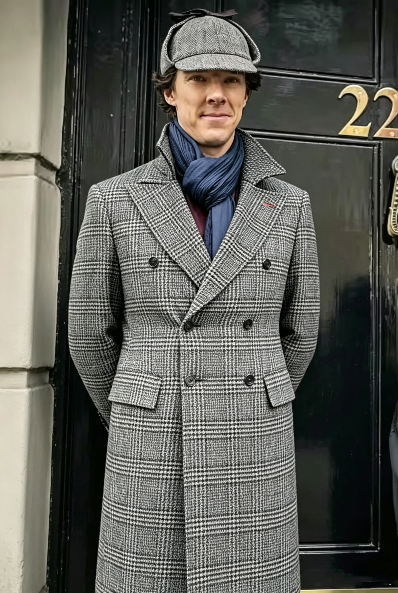 Manteau trench décontracté pour homme, coupe classique ajustée, col à revers, motif pied-de-poule, long manteau croisé avec poches