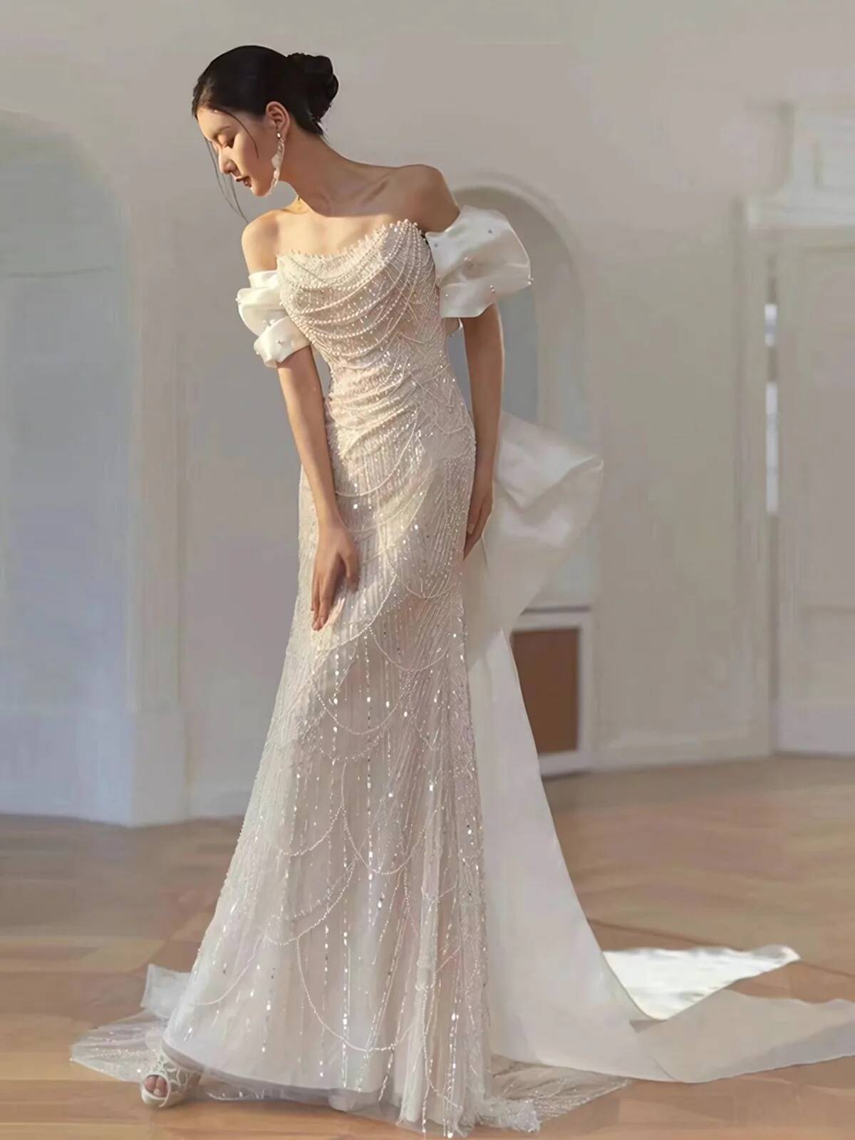 Robe de soirée style français, nouveau modèle 2026, robe sirène à sequins épaules dénudées pour accueillir les invités, robe de mariée décontractée
