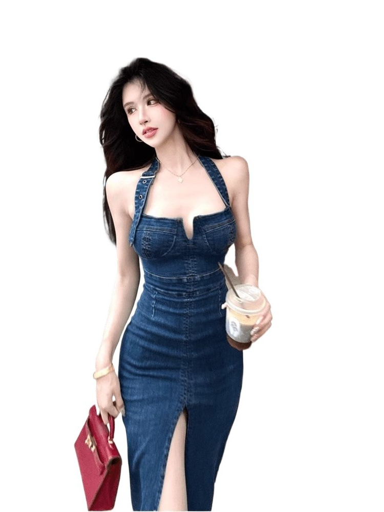 2025 robe de mode femmes décontracté européen américain col en U longueur cheville longue bleu Denim gaine réservoir sangle jean robes redingote