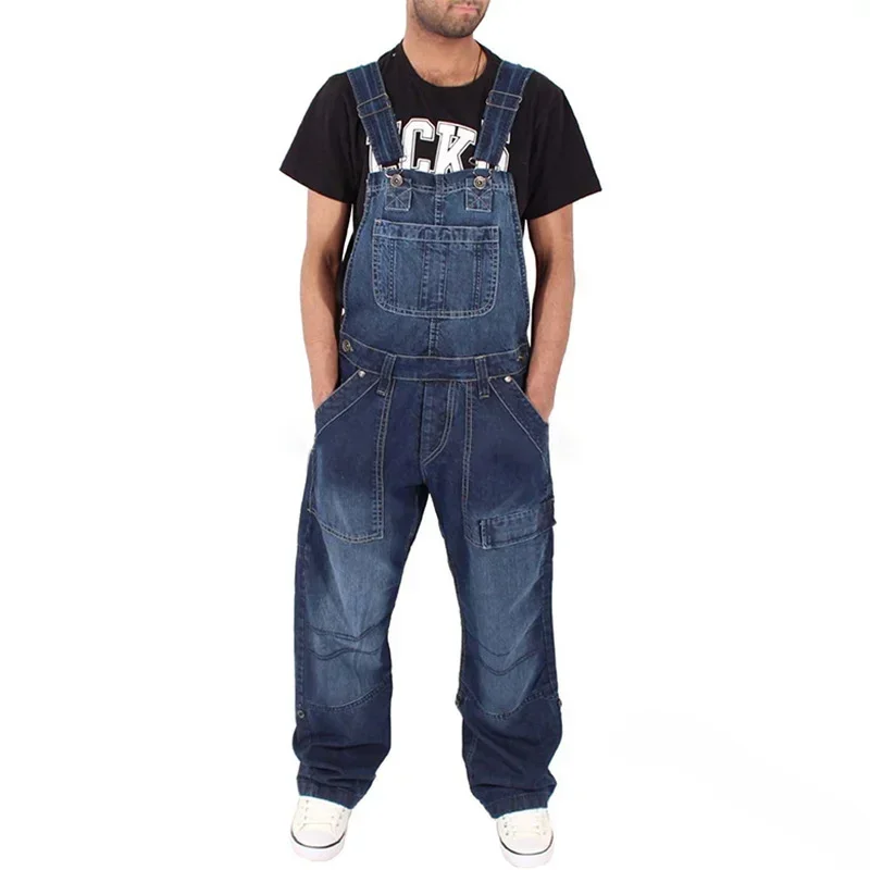 Salopette en jean pour homme, décontractée, style 2025, avec bretelles, multi-poches, coupe ample oversize, taille mi-haute, couleur unie, délavée