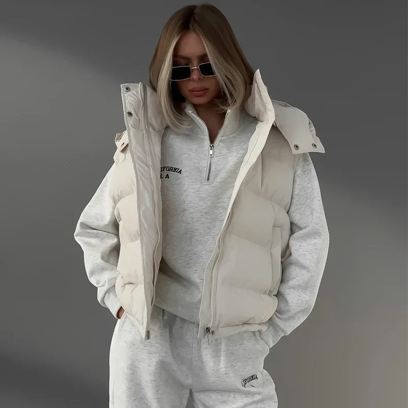 Gilets rembourrés à capuche avec fermeture éclair pour femmes, veste en fibre, gilets, parkas chaudes, manteau, streetwear à la mode, hiver