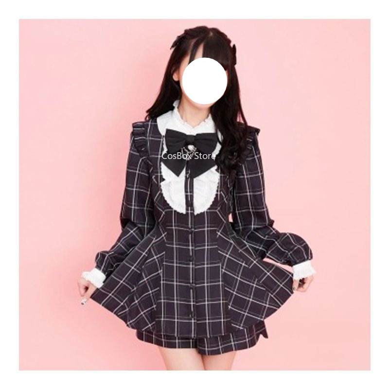 7 Styles Jirai Kei Robe à carreaux noirs avec nœud, dentelle, manches longues ou courtes, jupe, tenue Lolita Kawaii sombre et douce Ryousangata, style japonais