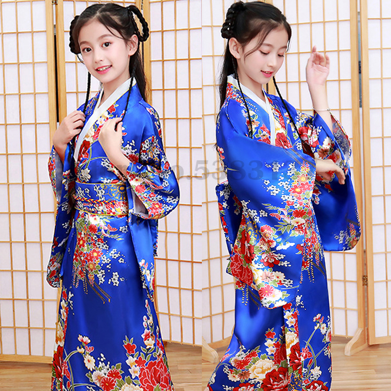 Kimono japonais en Satin pour filles, nouveauté de luxe, Robe Yukata imprimée avec Obi, Costume de spectacle pour enfants, vêtements traditionnels asiatiques