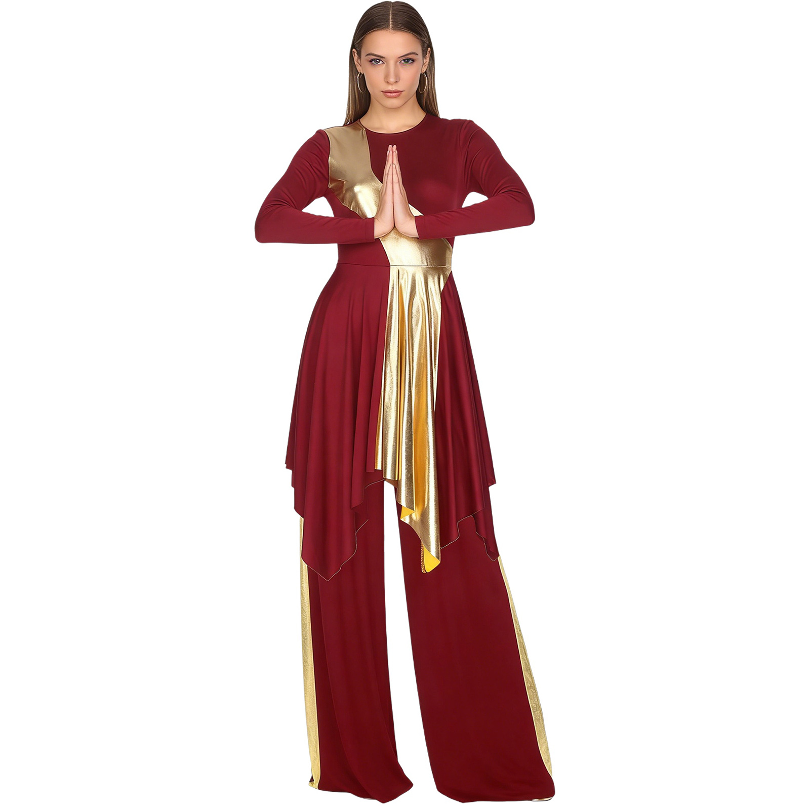 Robe de danse liturgique pour femmes, imprimée, à manches longues, à ourlet irrégulier, longueur midi, avec pantalon large, tenue pour l'église et les fêtes