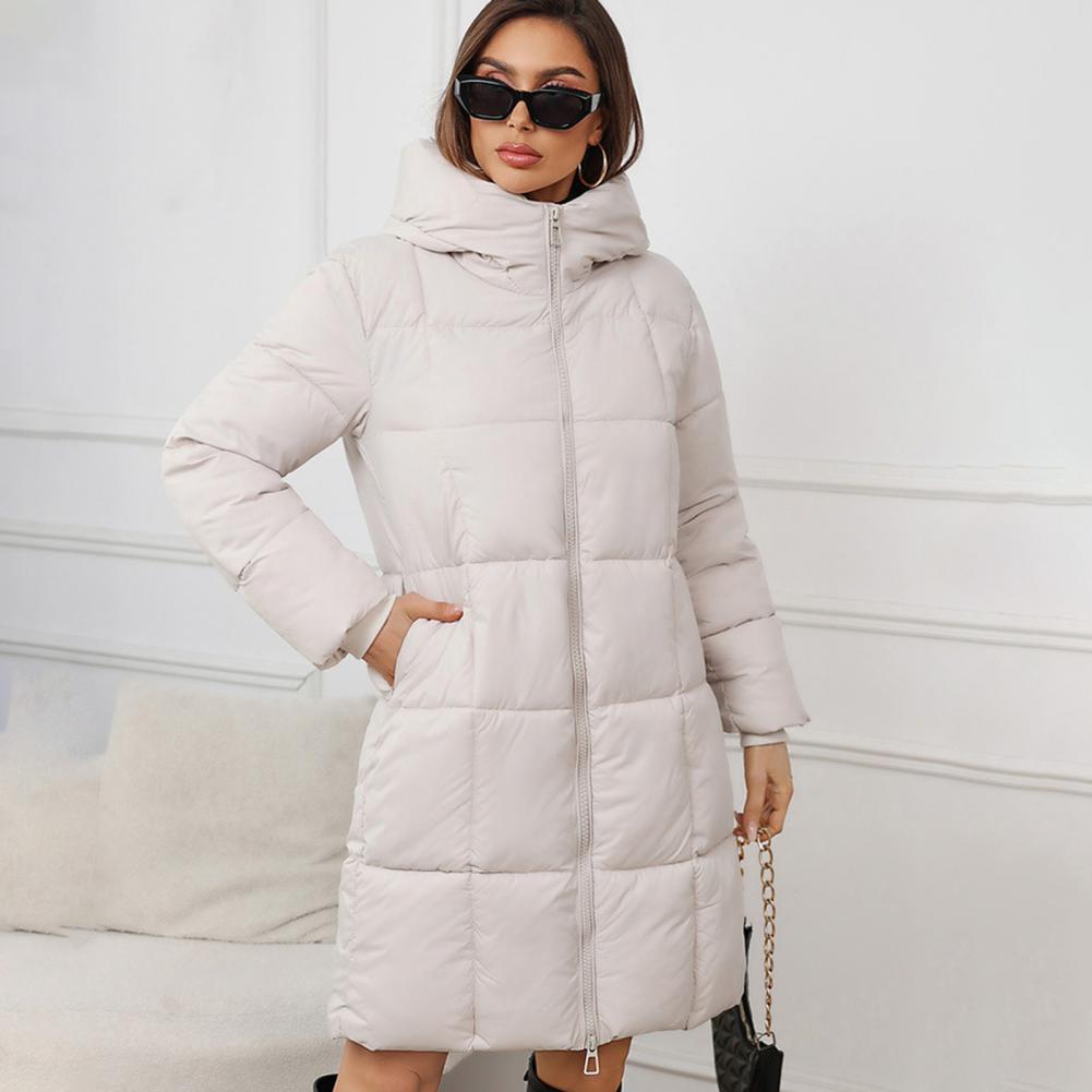 Veste d'hiver longue à capuche pour femme, manteau d'hiver matelassé et épais avec capuche, taille ajustée, longueur mi-longue