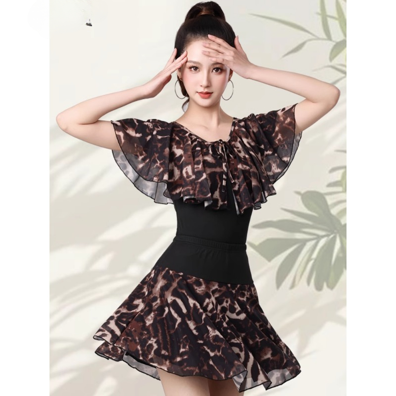 Robe de soirée pour femmes, Standard National, Costumes de danse latine, jupe en maille imprimée à manches courtes, tenue de danse élégante