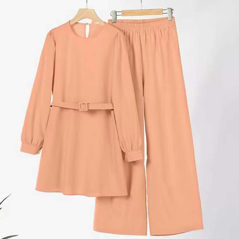 Vêtements islamiques pour musulmanes, col rond, manches longues, ceinture, chemisier et pantalon, vêtements modestes, olympiques Eid Mubarek, ensembles, 2 pièces