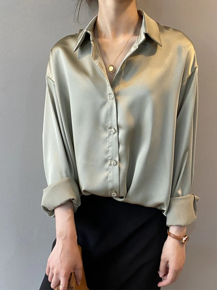Chemisier ample élégant en satin pour femme 2026, col rabattu, style vintage décontracté, boutonné, en soie, pour le printemps et l'automne