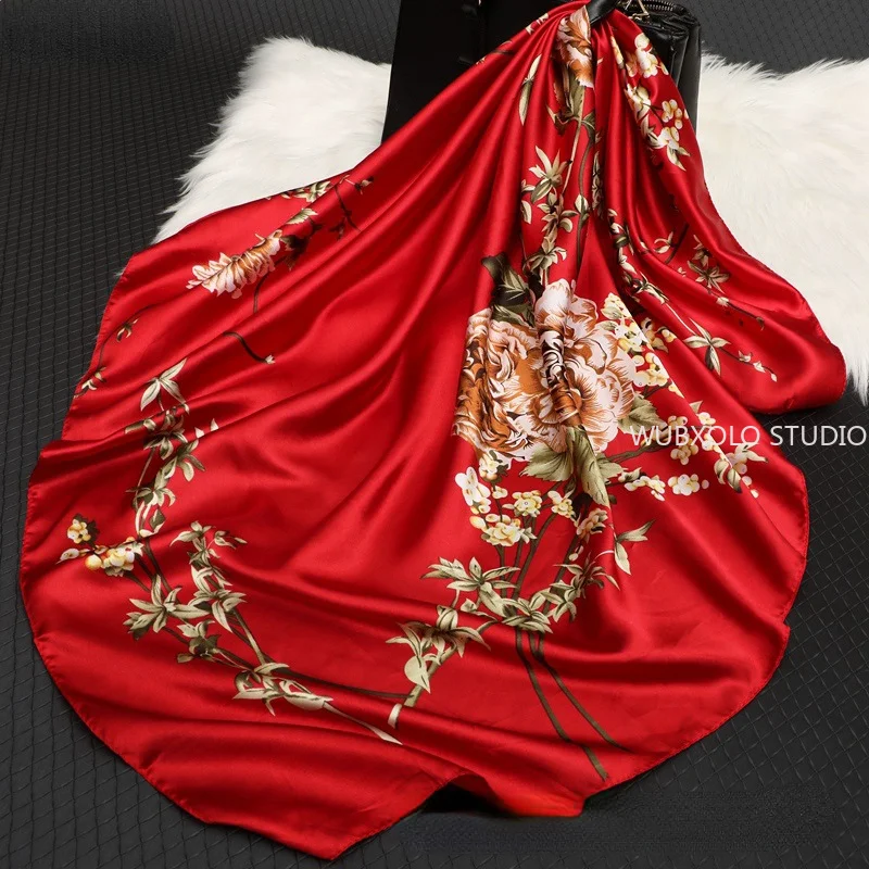 90*90cm châles carrés et enveloppes foulard de cou imprimé Floral pour femmes foulards de cou en Satin de soie pour dames foulards de tête Bandana femme