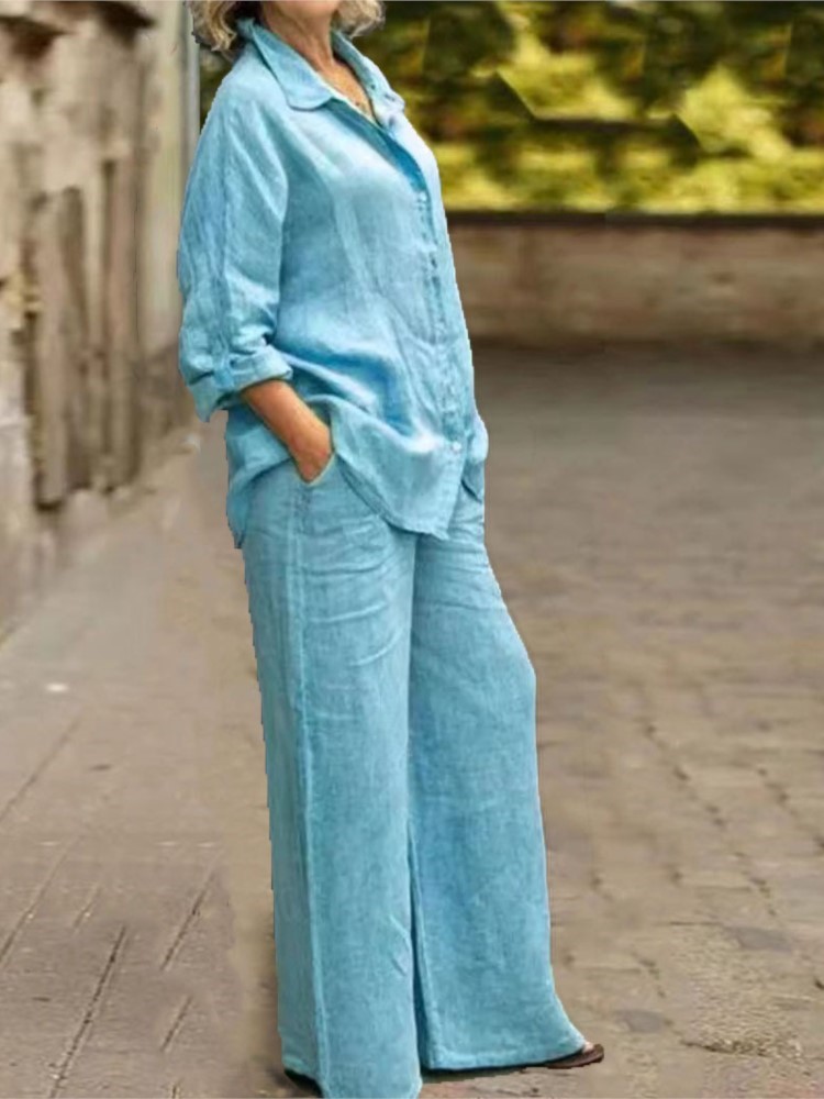 Ensemble 2 pièces en coton et lin pour femmes, chemise à manches longues, jambe large, mode féminine, bureau, printemps, automne