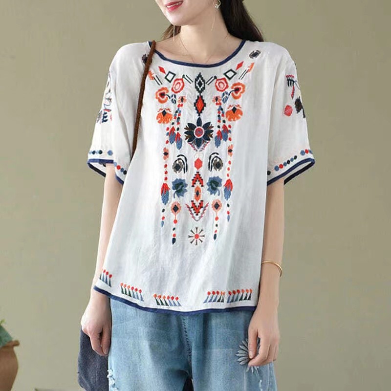 Chemisier rétro en coton et lin pour femmes, manches trois-quarts, Style National chinois, chemises Cheongsam à fleurs, 4XL, printemps été