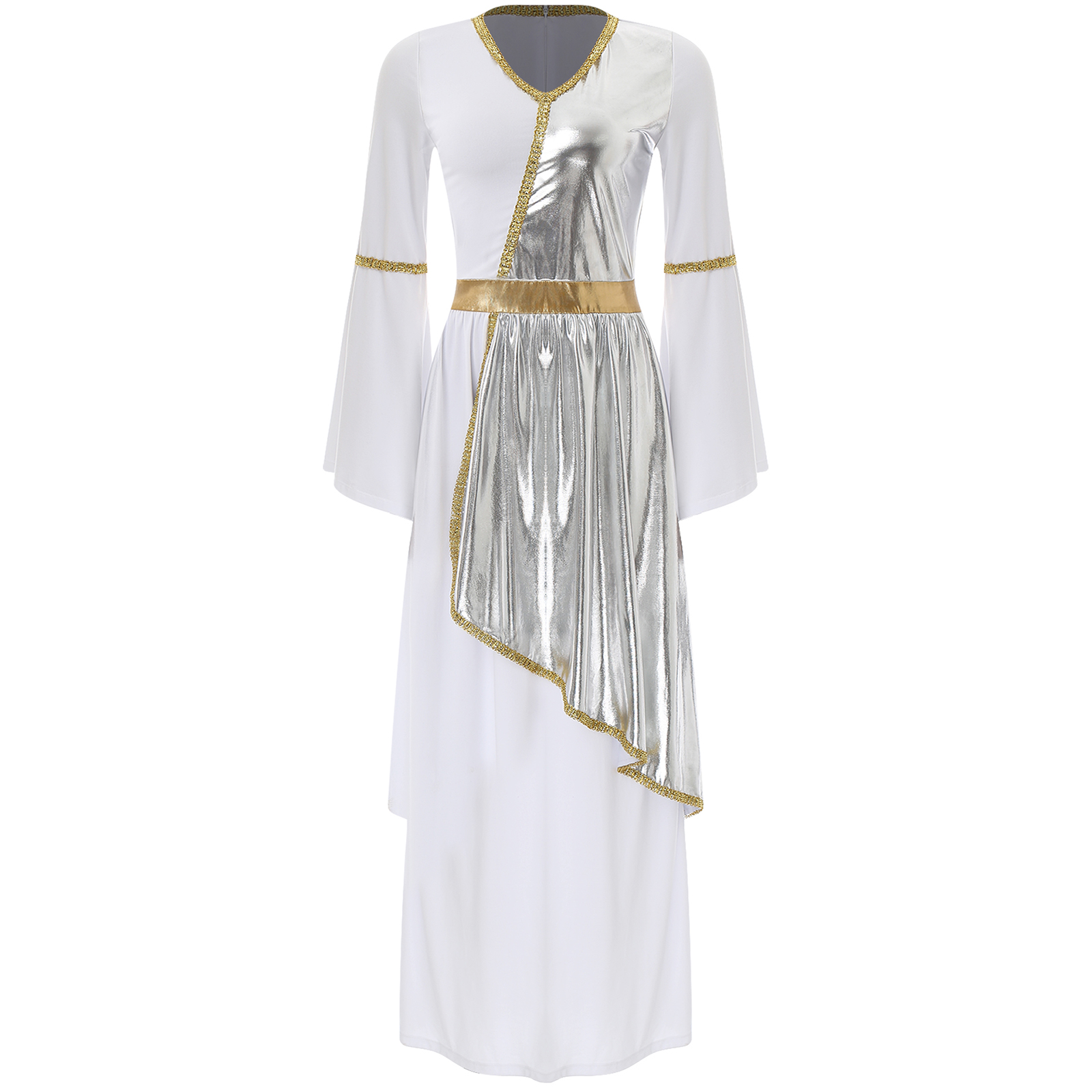 Robe Toga de beauté grecque romaine pour femmes, manches évasées, superposition métallique brillante, garniture dorée, Maxi, Costume de Cosplay d'halloween