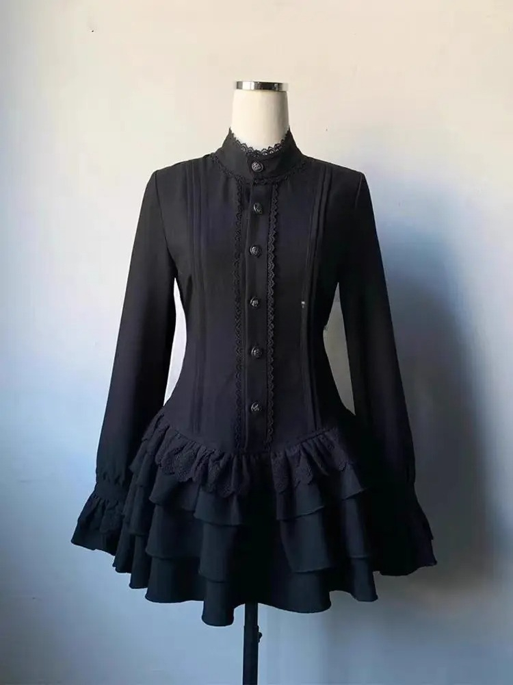 Robe Vintage Gothique Printemps Femme, Style Lacets, Design High Street, Noire, Lolita, Coupe Slim, Manches Longues en Dentelle, Collection 2025 Y2K
