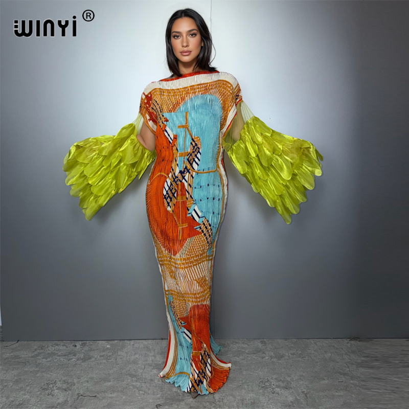 Robe plissée élastique WINYI, tenue de plage, kaftan bohème, abaya, robe de soirée de luxe de Dubaï, robe longue musulmane pour femme, robe de soirée