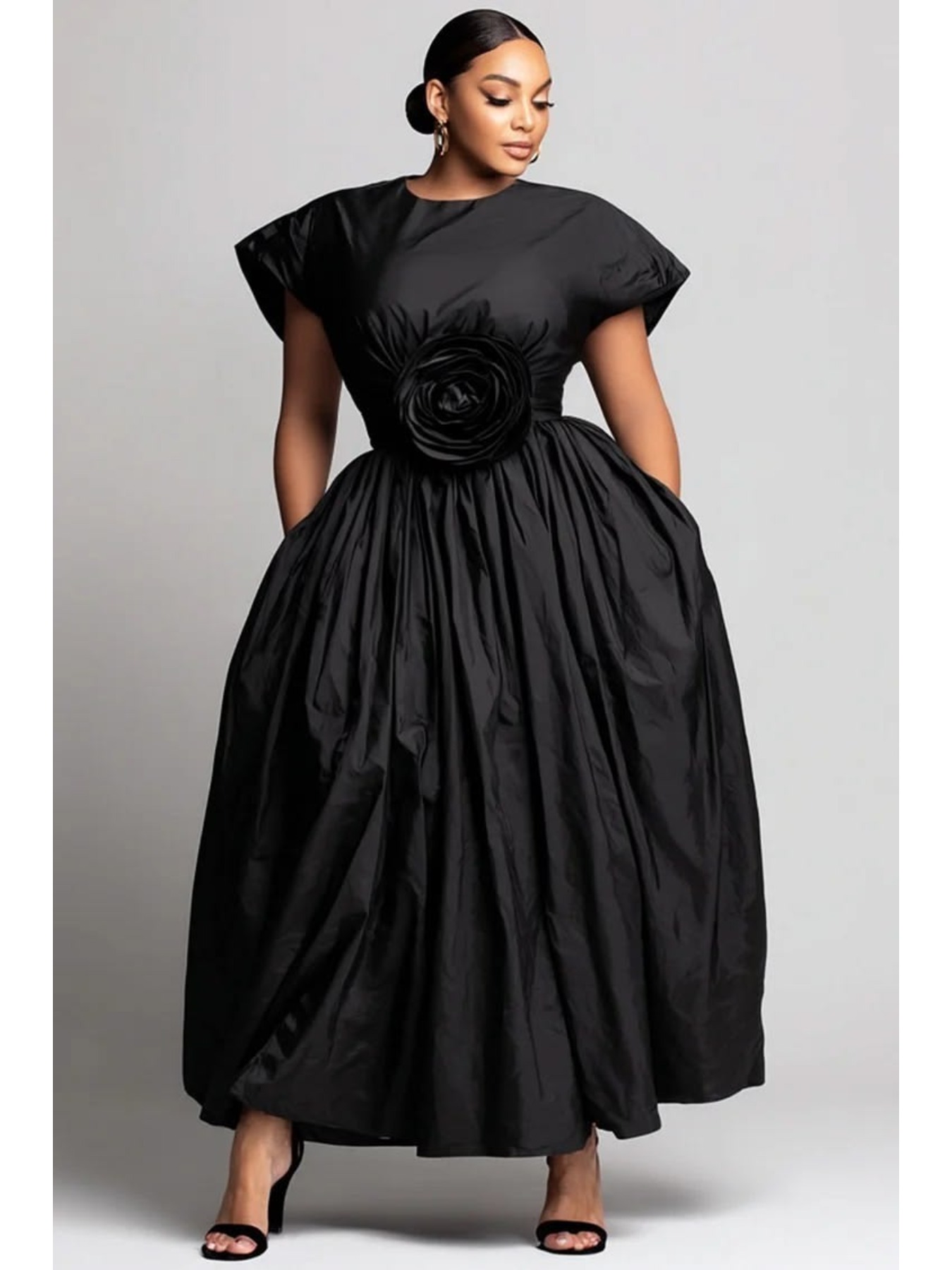Robe midi grande taille pour femme, robe de bal avec appliques roses, col rond, manches courtes, taille haute, robe de soirée élégante avec poches