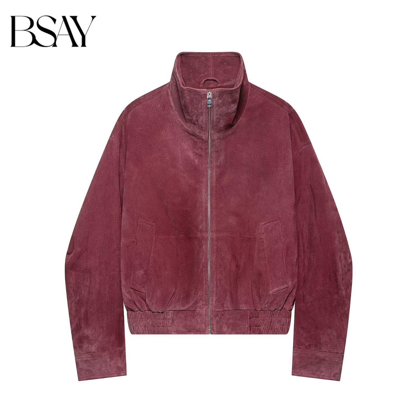 BSAY 2026 Nouvelle Veste Bomber en Cuir pour Femme, Col Montant, Fermeture Éclair Intégrale, Poches Latérales, Ourlet Élastique, Manches Longues, Veste Courte