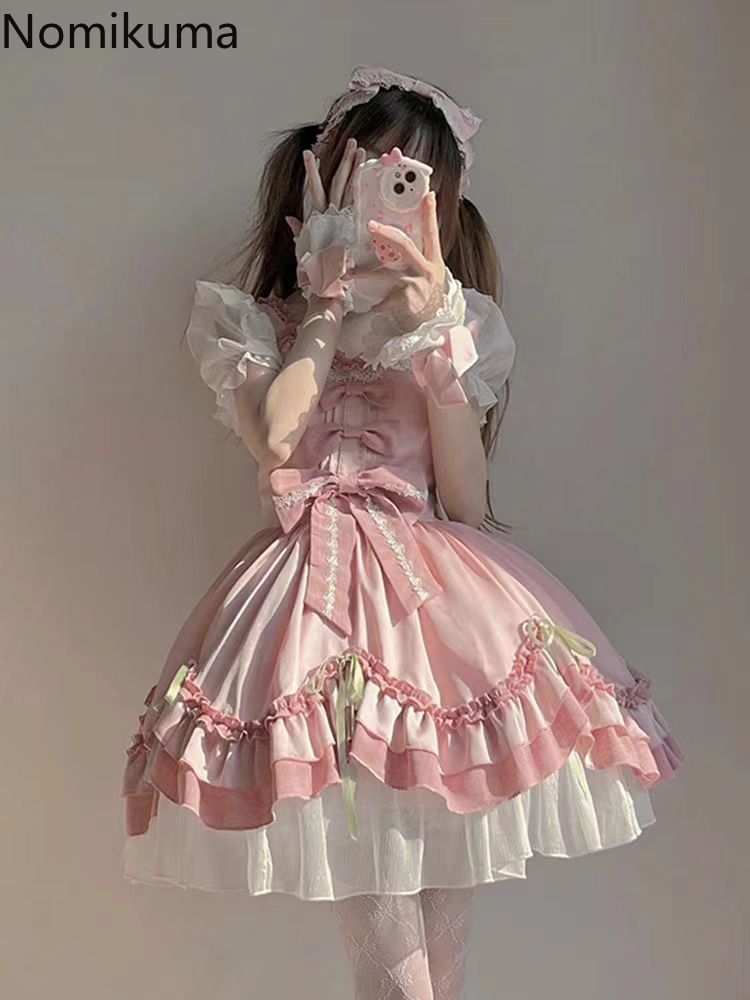 Robe rose douce femmes vêtements Style Lolita japonais mignon Robe Femme 2025 robes De Mujer nœud plis a-ligne robes d'été mignonnes