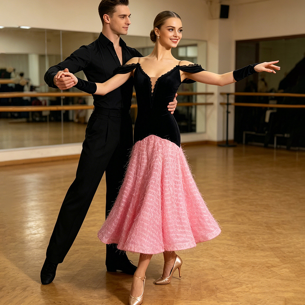 Nouvelle Robe de Flamenco pour Femme, Tenue d'Entraînement de Danse de Salon, en Velours Noir avec Grande Jupe Rose