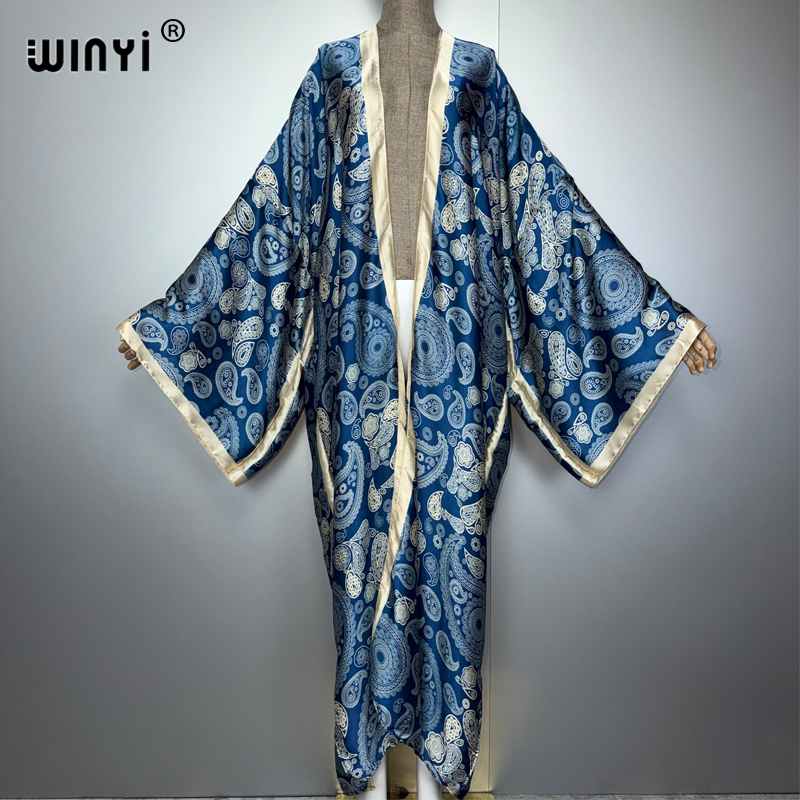 WINYI Kimono Abaya pour femmes africaines, Cardigan musulman pour femme, Kaftan classique à imprimé cachemire, Robe bohème décontractée pour la plage
