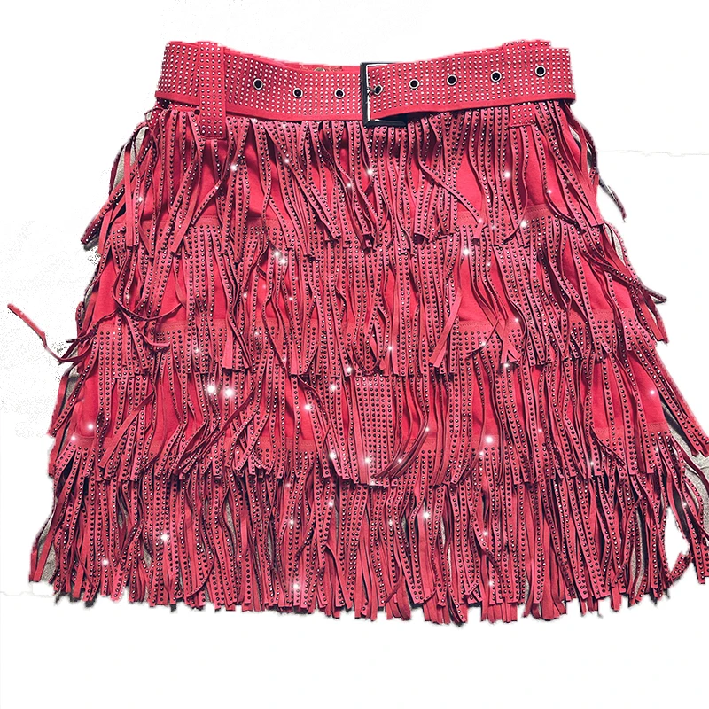 Ceinture taille haute multicouche pour femmes, courte, perçage lourd, strass, ceinture à franges, jupe gâteau, ligne A, Y2k, nouvelle collection automne 2025
