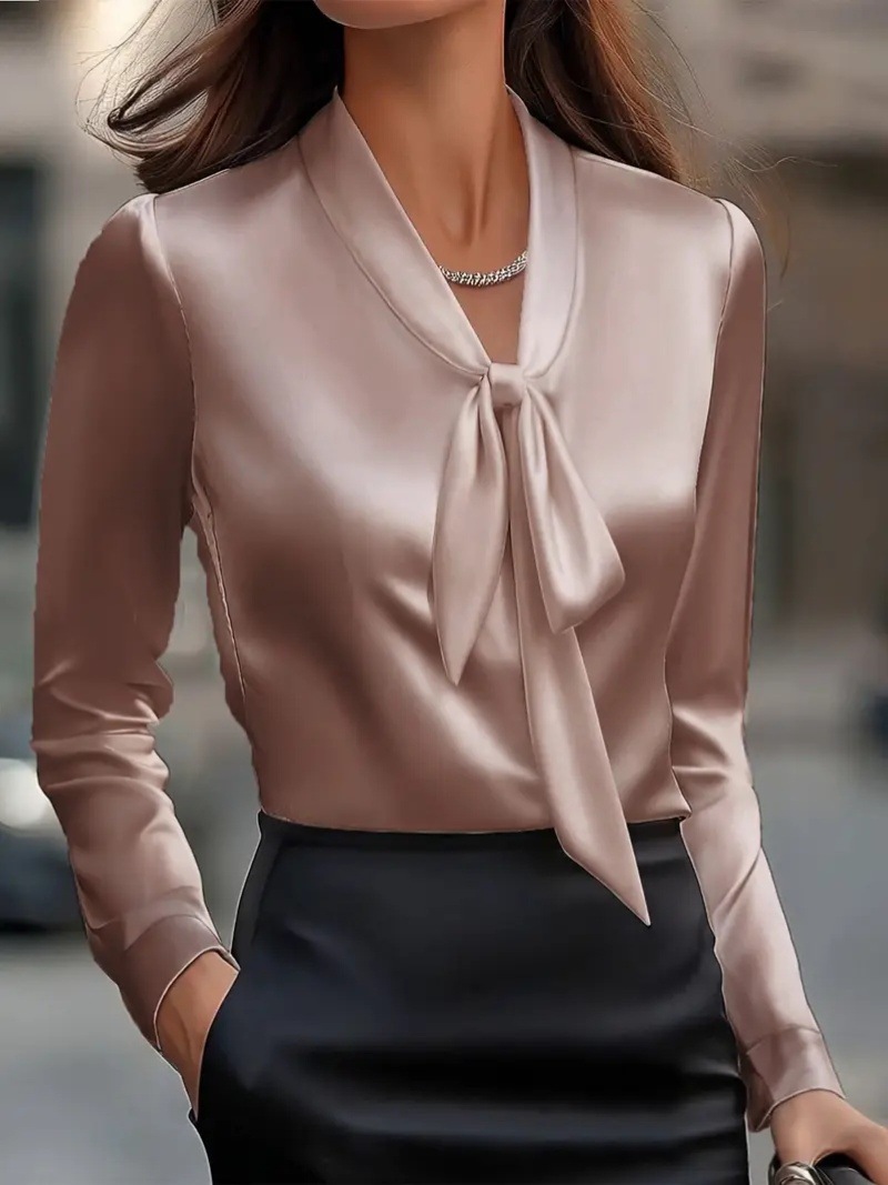 Pull en Satin pour femmes, chemise avec nœud papillon, haut rose, élégant, manches longues, chemisiers blancs, nouvelle collection