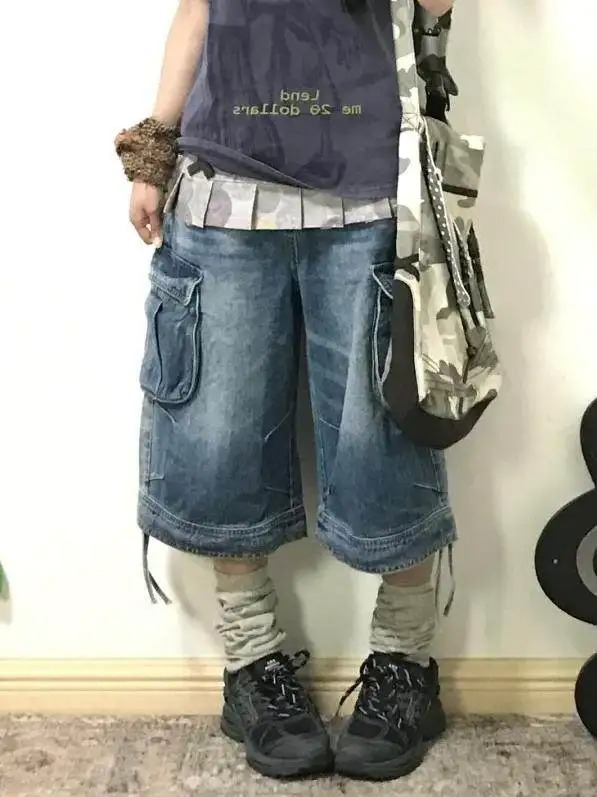 Shorts en jean cargo rétro américain pour femme, style Y2K années 2000, coupe boyfriend, longueur mollet, denim, style japonais Harajuku, mode urbaine