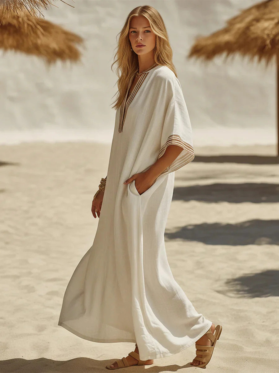 Robe kaftan bohème en lin, bordure rayée, col en V, manches chauve-souris, coupe ample avec poches, robe maxi décontractée et polyvalente pour les vacances