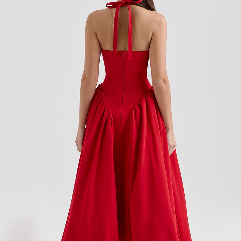 YENKYE rouge élégant mince robes de soirée femmes Sexy dos nu taille basse a-ligne Midi longue Robe licou Robe en coton