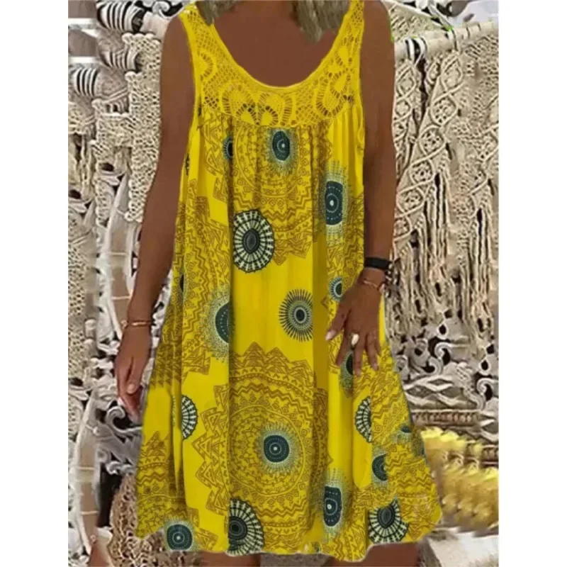 Femmes S-5XL taille numérique imprimé épaules dénudées sexy camisole robe ample dentelle tenue décontractée robe d'été