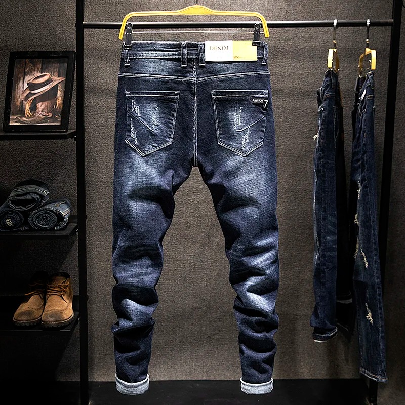 Jeans élastiques tendance pour hommes, déchirés, vintage, slim, en denim, pantalon hip-hop, usés, tendance, vêtements pour hommes
