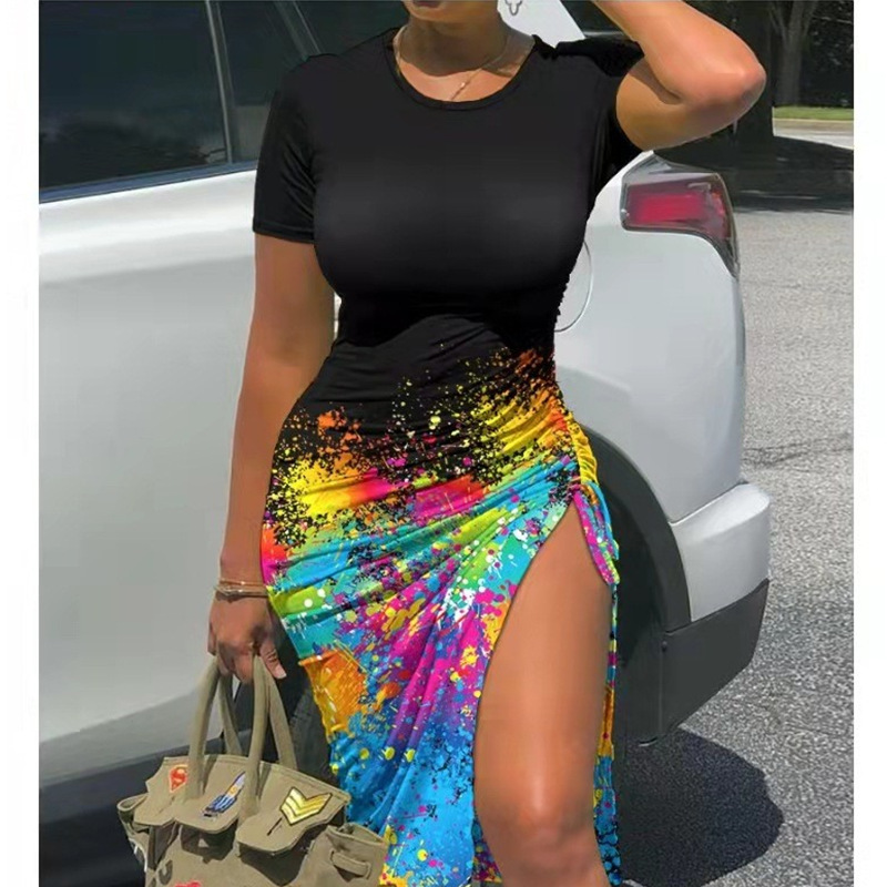 ChimPrinted-Robe Midi Slim pour Femme, Manches Courtes, Proximité, Wstring, Fente Latérale, Streetwear Décontracté, GT, Hip, Batterie, Dames, Mode