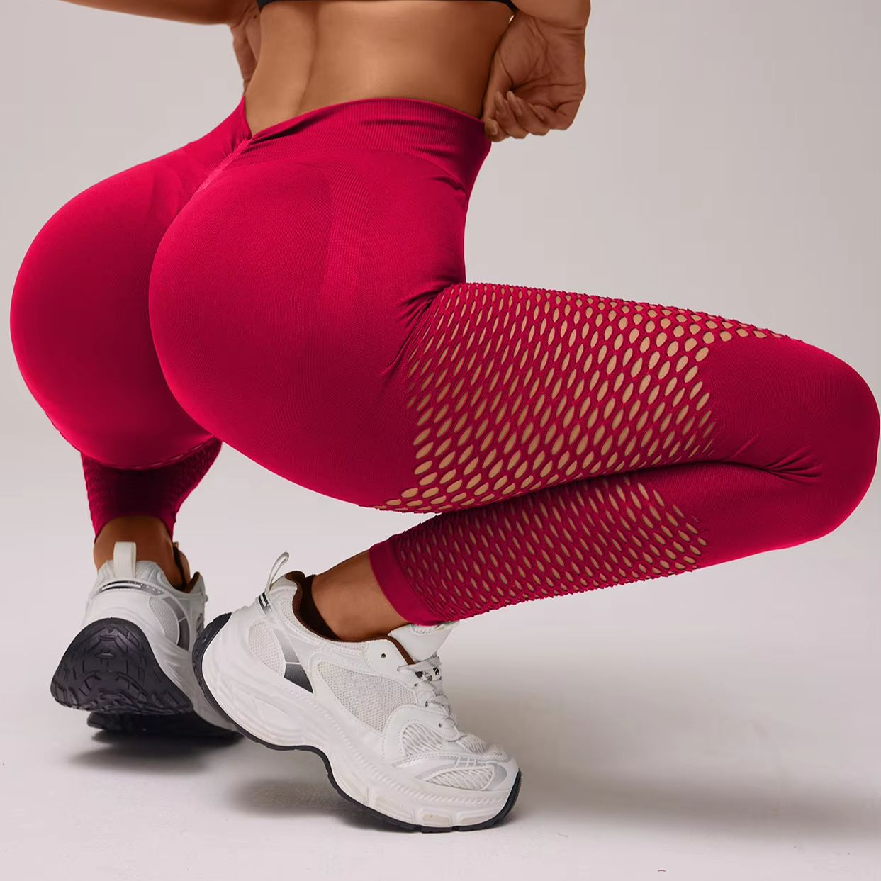 Leggings de sport ajourés pour femme, dos en V, effet froncé, pour la gym, le fitness, le yoga et l'entraînement
