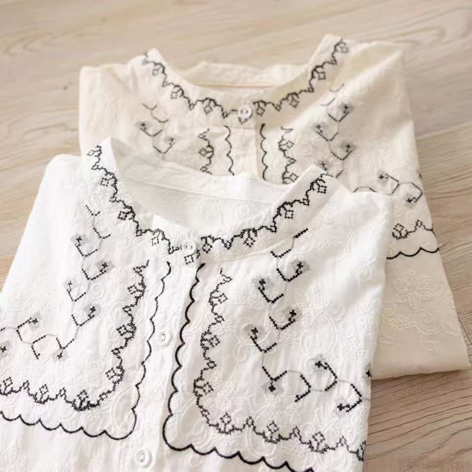 Chemisier élégant pour femme 2026, broderie bohème printemps, chemises blanches et beiges à manches longues, hauts en coton pour femmes