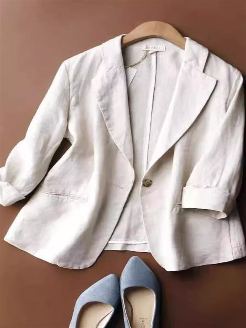 Veste de costume pour femmes, mode d'été 2025: Blazer court en coton et lin respirant et haut à manches 4/5, vêtements de bureau minimalistes G674