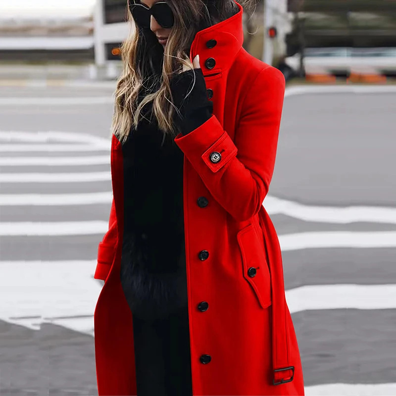 Automne hiver manteaux de laine femmes coupe ajustée grand manteau simple boutonnage col montant Trench pardessus JYFS-2002