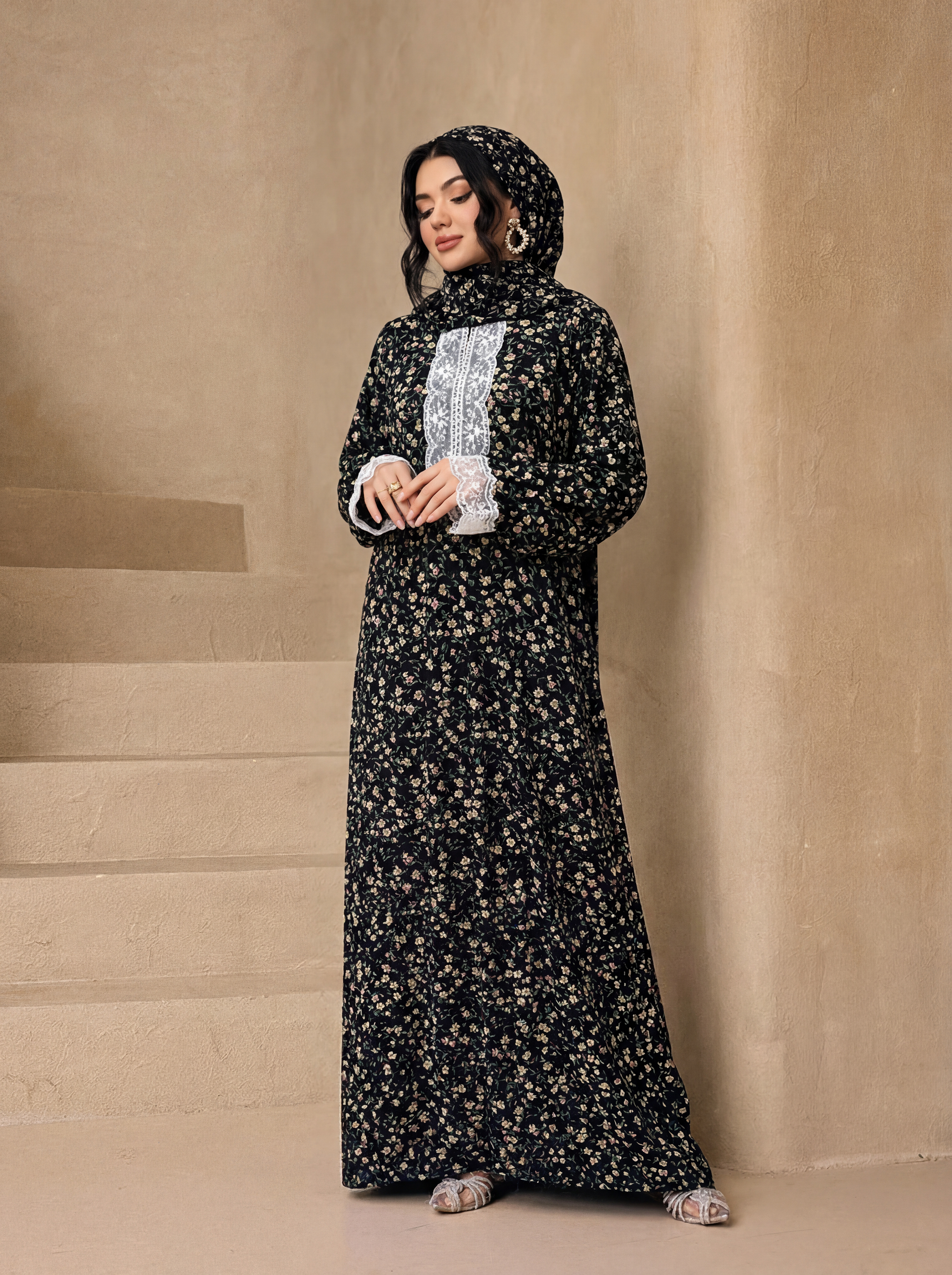 Abaya à panneaux en dentelle florale Ditsy avec hijab assorti, robe longue modeste à manches longues pour femmes musulmanes, tenue de prière quotidienne