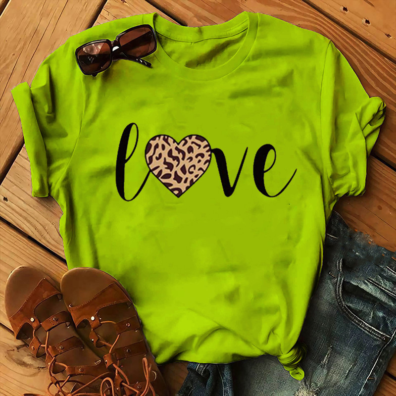 Léopard amour imprimé femmes t-shirt à manches courtes col rond lâche femmes t-shirt dames mode t-shirt hauts vêtements Camisetas Mujer