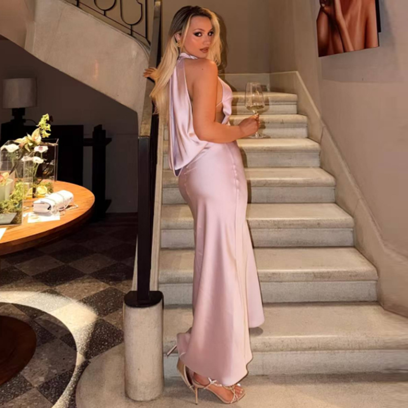 Robe longue élégante en satin, dos nu, pour femmes, robe de soirée sexy, robe maxi, robe de cocktail, robe de bal, robe d'invitée de mariage, robe de demoiselle d'honneur, rouge, nouvelle collection.