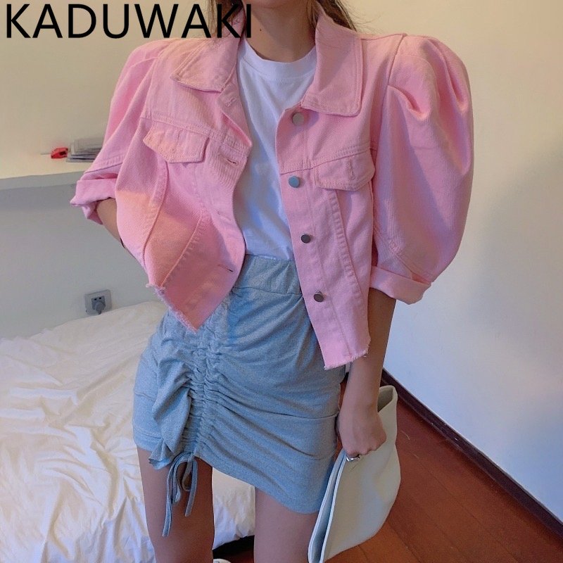 Mode coréenne femmes bleu Denim t-shirts hauts décontracté ample été femme Vintage manches bouffantes lanterne manches boutons 2025 été