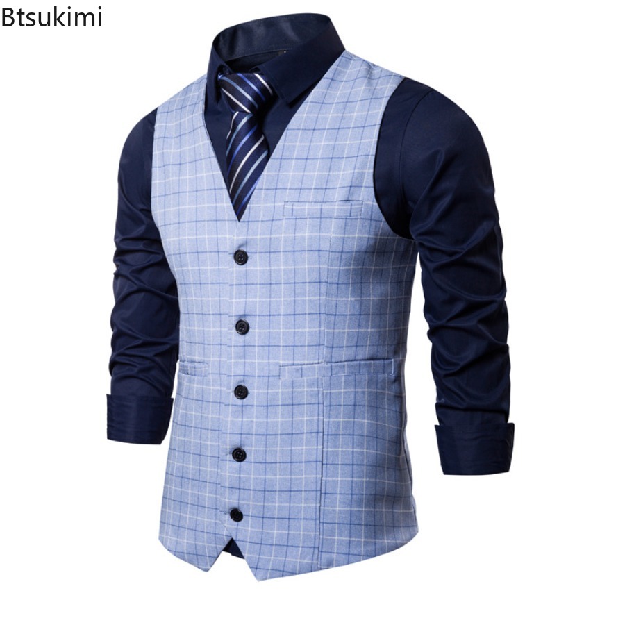 Gilet de Costume Tendance 2026 pour Hommes – Gilet Habillé Slim à Carreaux, Col V Vintage, Sans Manches, Idéal pour Mariage, Fête, Cérémonie – Gilet Formel pour Gentlemen