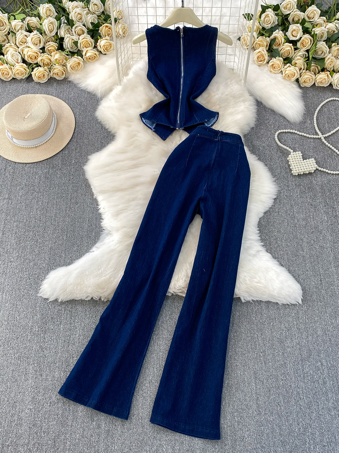 Ensembles 2 Pièces en Jean pour Femme : Gilet Sans Manches et Pantalon Large en Jean Délavé, Style Streetwear Vintage, Tenue d'Été