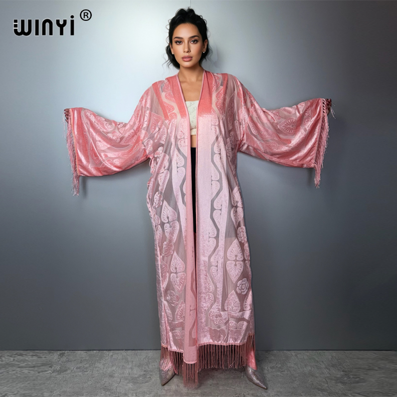 WINYI Kaftan Kimono Maxi Robe Abaya Ouverte Streetwear Perspective Élégante Cache-maillot de Plage Mode Musulmane Manteau