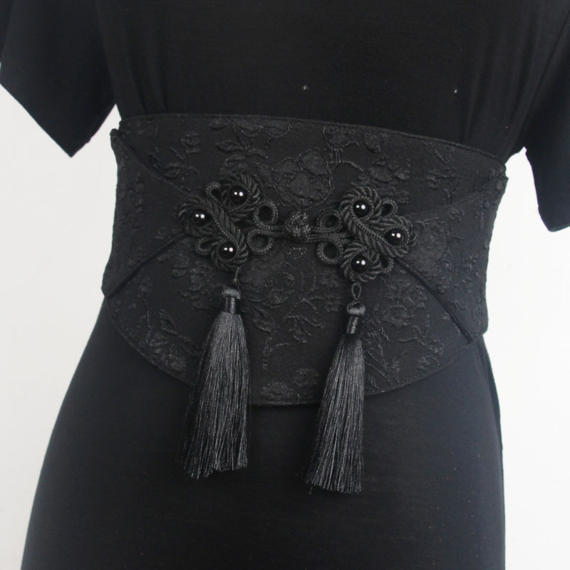 1pc femmes mode Vintage noir élastique gland Cummerbunds femme robe Corsets ceinture ceintures décoration large ceinture