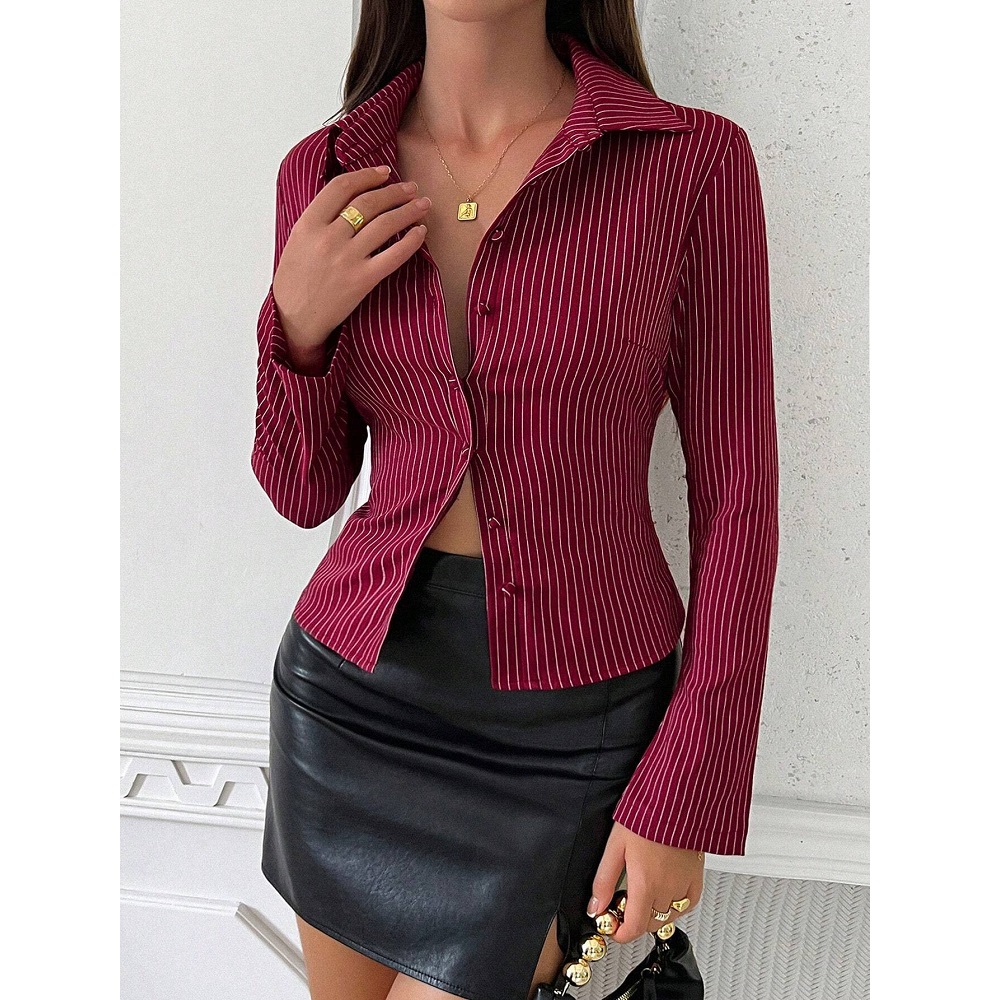 Femmes automne printemps chemises et chemisiers dames rayé à manches longues simple boutonnage chemise hauts